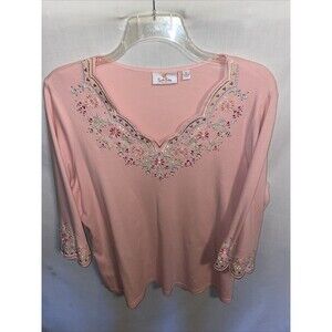 Quacker Factory Women’s Dressy Blouse Size XL Pink Floral Going Out Party